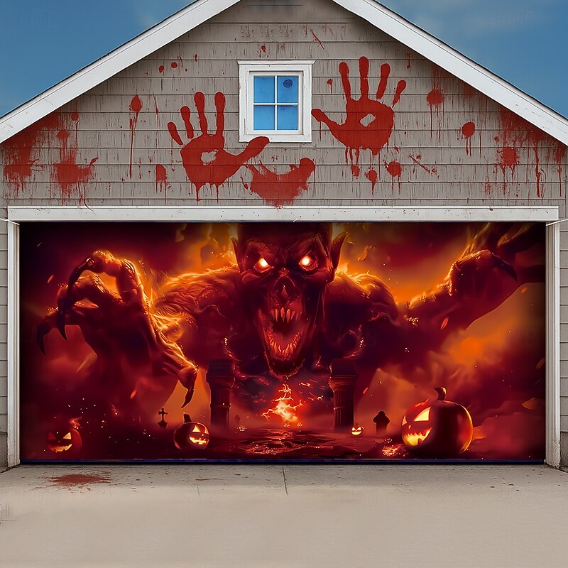 Halloween Garage Door Cover Large Hanging Backdrop Grim Reaper 3D Dark Punk Gothic Style Party Outdoor Shooting Backgrounds Yard Haunted House Home Decor3
