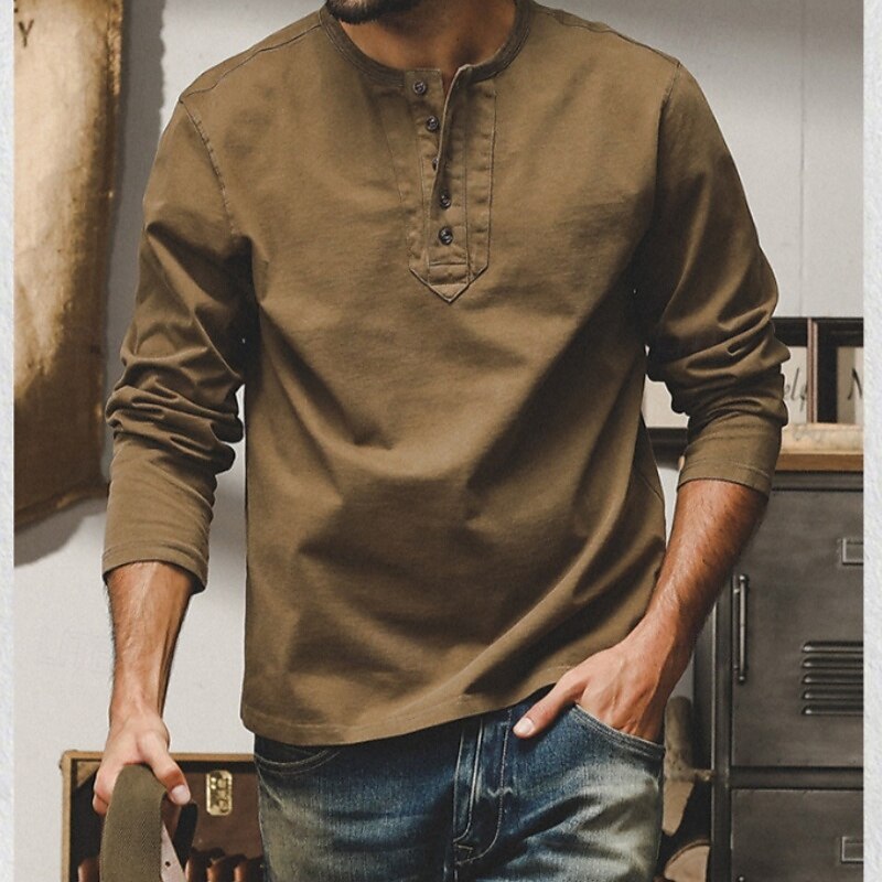 Men's Henley Shirt Vintage Shirt Long Sleeve Retro Vintage Vintage Style Washed Henley Casual Spring &  Fall Dark Brown Gray Henley T-Shirt2