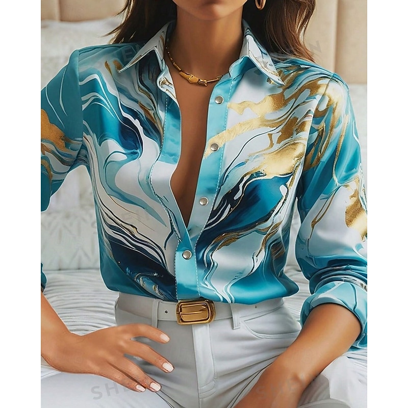 Women's Shirt Graphic Stylish Modern Long Sleeve Shirt Collar Regular Tops Daily Holiday Buttons Print Pink Sky Blue Purple Spring Fall