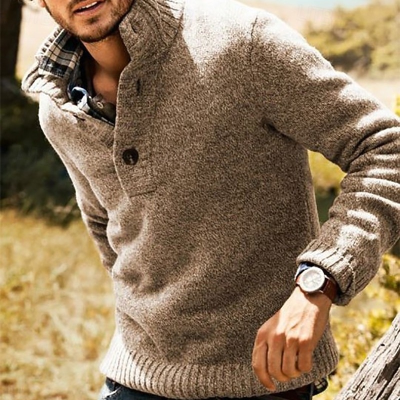 Men's Sweater Pullover Sweater Jumper Ribbed Knit Regular Tops Knitted Slim Fit Plain High Neck Knitwear Contemporary Casual Daily Wear Clothing Apparel Fall Khaki S M L