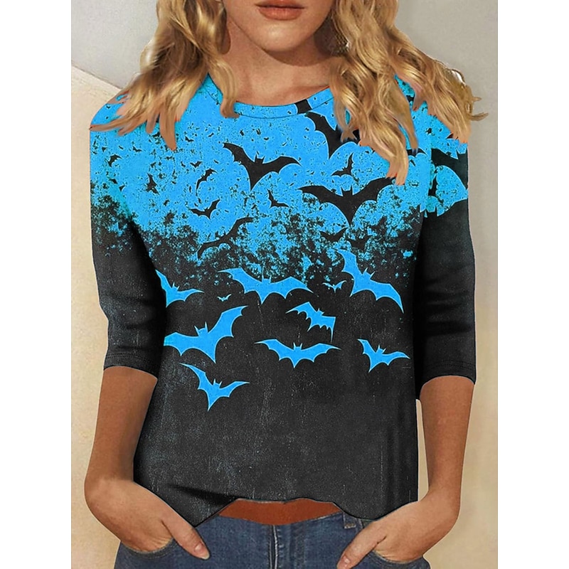 Halloween Women's T shirt Bat Long Sleeve Ombre Graphic Vintage Fashion Stylish Long Sleeve Crew Neck Round Neck Regular Tops Daily Weekend Print Blue Purple Orange Green Spring Fall Prefall2