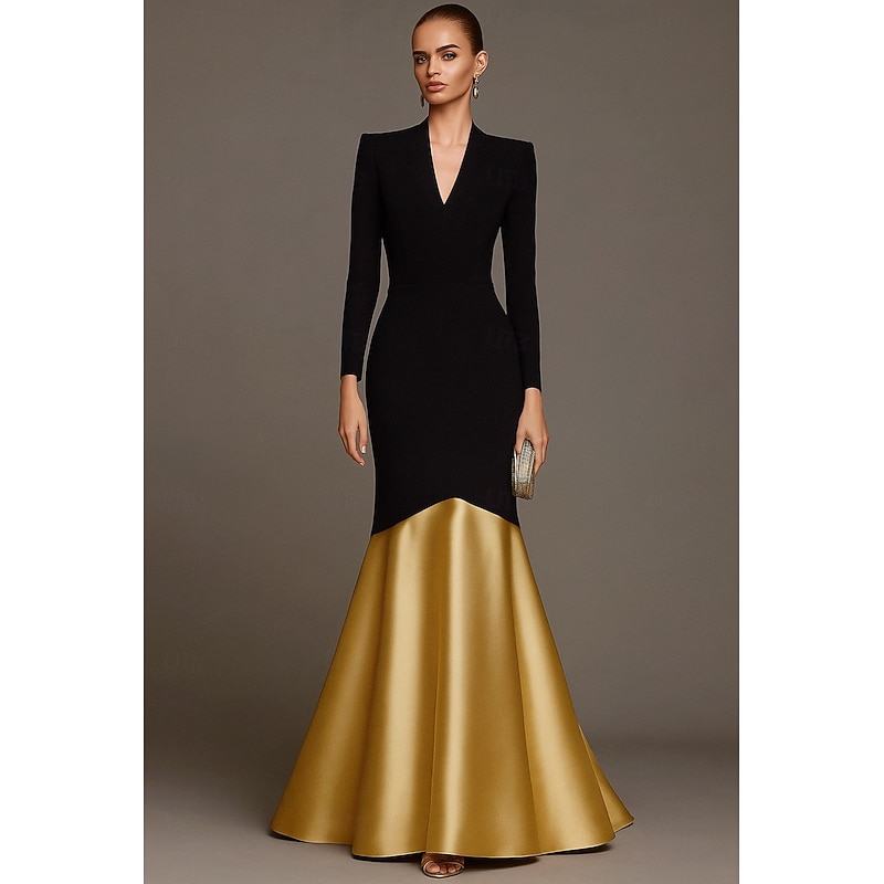 Black Tie A-Line Mermaid / Trumpet Evening Gown Elegant Dress Formal Wedding Floor Length Long Sleeve V Neck Stretch Crepe with Pleats 2025