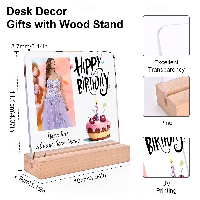 Personalized Photo Acrylic Plaque with Wooden Stand Custom Birthday Gift Decorative Signs Cake Design, Custom Text,Home Office Party Table Decor4