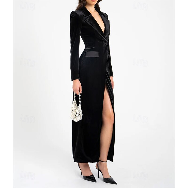 Black Velvet Tuxedo Dress Sheath / Column Formal Wedding Guest Velvet Elegant Long Sleeve Ankle Length Notched Lapels3