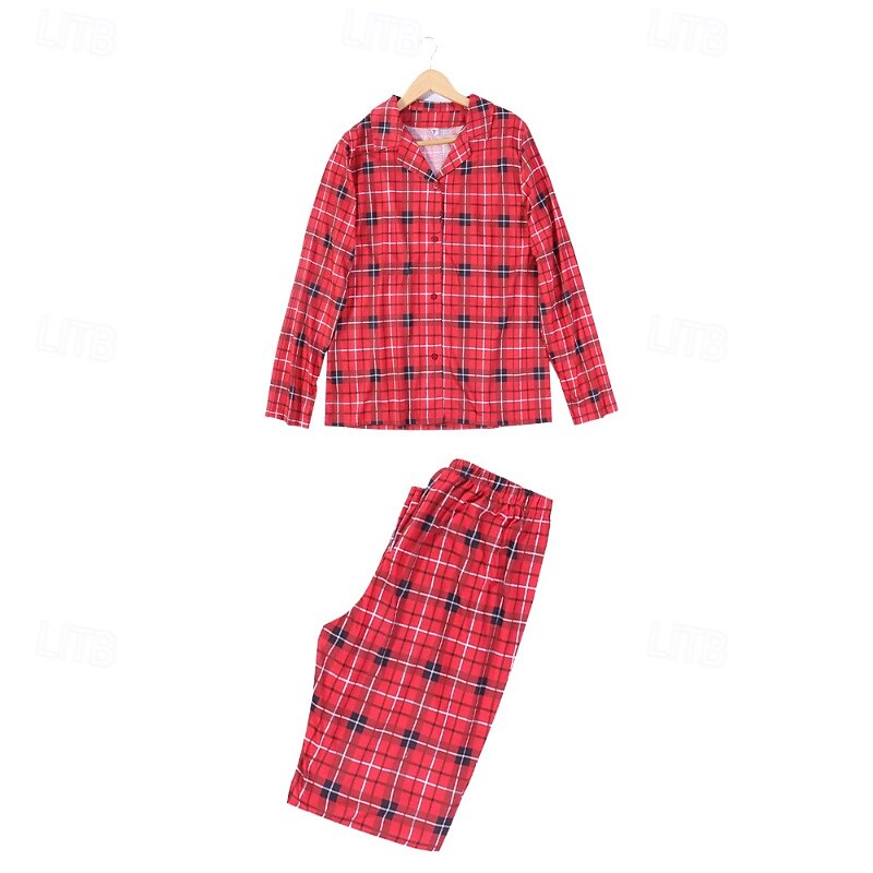 Family Pajamas Plaid Home Print Red Long Sleeve Active Matching Outfits4