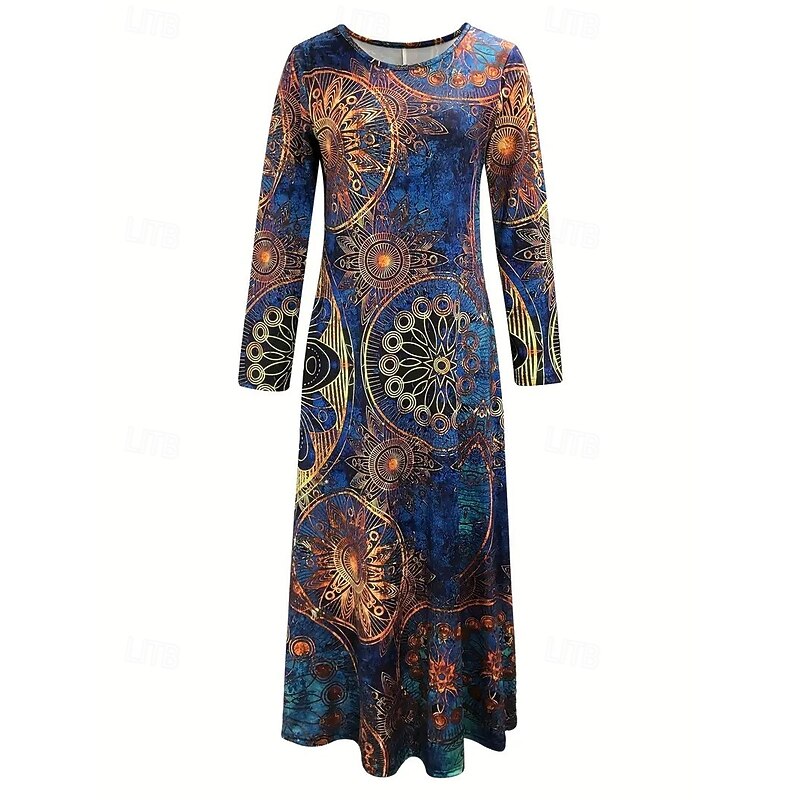 Women's Maxi Dress Shift Dress A Line Dress Casual Boho Daily Date Going out Regular Fit Floral Graphic Tie Dye Long Sleeve Crew Neck Blue Spring Fall Winter Autumn2