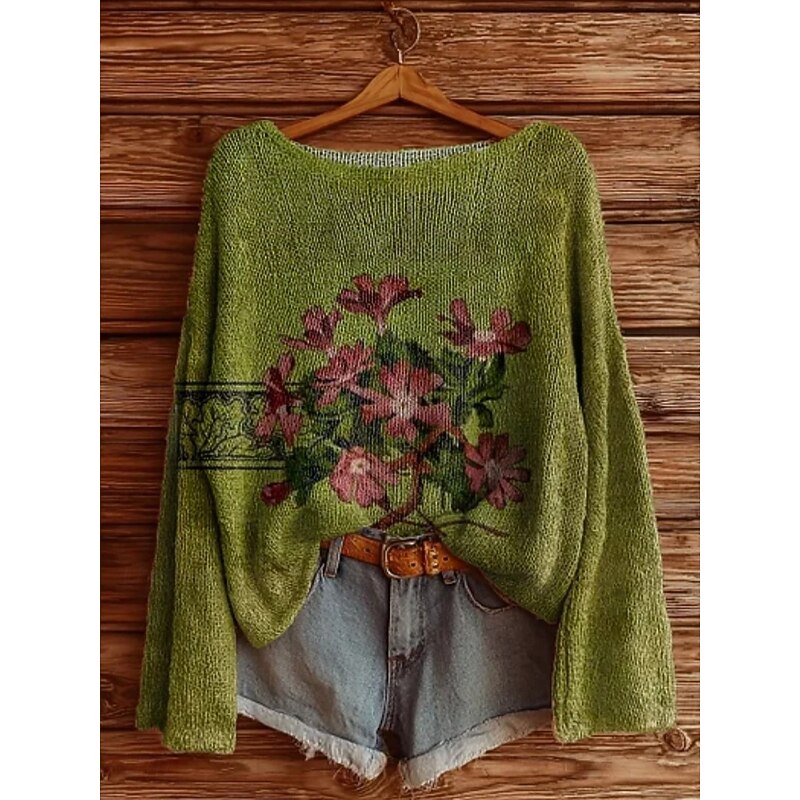 Women's Sweater Casual Soft Floral Stylish Modern Long Sleeve Crew Neck Regular Tops Daily Holiday Print Blue Green Apricot Spring Fall Winter2