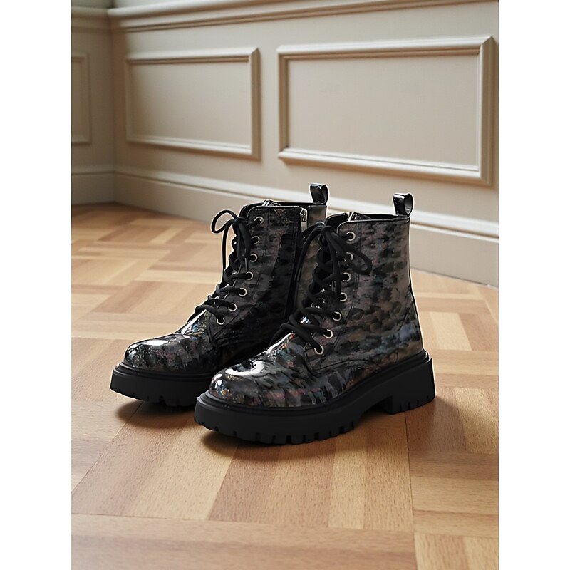 Women's Glitter Leopard Combat Boots Chunky Sole - Fashion Lace-Up Ankle Boots for Women Urban Streetwear and Casual Outfits2