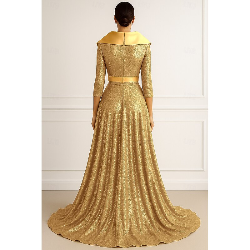 Green Gold Black Sequined A-Line Evening Gown Elegant Dress Formal Wedding Floor Length Half Sleeve Lapel Belt / Sash Satin with Glitter Pleats 20254