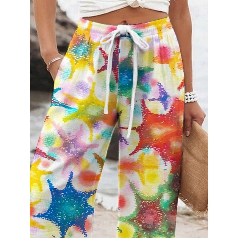 Women's Wide Leg Pants Trousers Vacation Casual Long High Waist Sun Elastic Waist Printing High Cut Breathability Soft Micro-elastic Vacation Street Daily Wear Yellow Spring Fall Regular Fit3