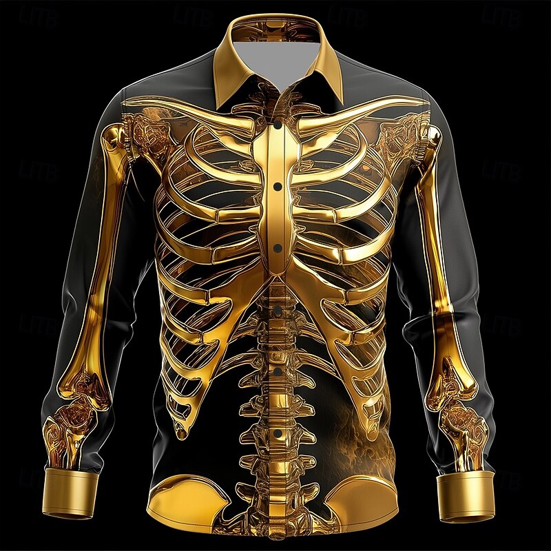 Halloween Men's Skeleton Horror Halloween Costumes Shirt Button Up Shirt Long Sleeve Dark Gothic Style Outdoor Holiday Summer Spring Turndown 3D Print Collared Shirts White Black / Purple Gold2
