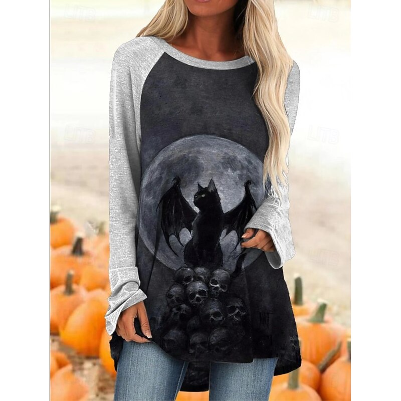 Halloween Women's T shirt Monster Graphic Cat Vintage Stylish Classic Long Sleeve Crew Neck Round Neck Long Tops Daily Print Black Light Grey Dark Gray Spring Fall2