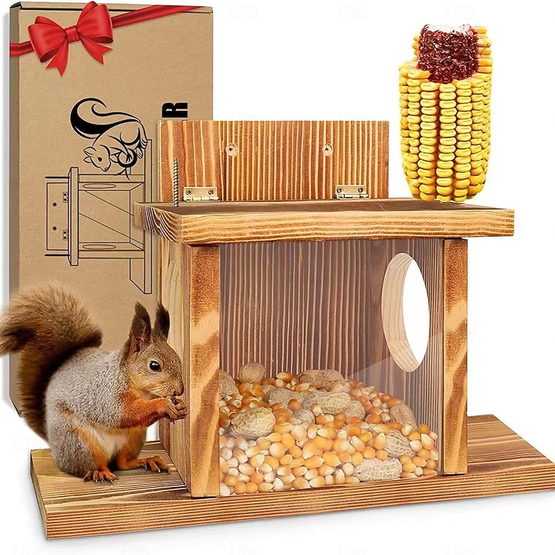 Squirrel Feeder, Wall Mounted Wooden Sturdy Structure Backyard Squirrel Canteen, Damp Proof Outdoor Log Squirrel Feeding Box for Garden, Tree4