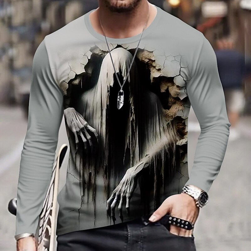 Halloween Men's Ghost 3D T Shirt Long Sleeve T shirt 3D Print Crew Neck Shirt Fashion Exaggerated Street Casual Daily Gray Summer Spring Fall Clothing Apparel S M L XL XXL XXXL