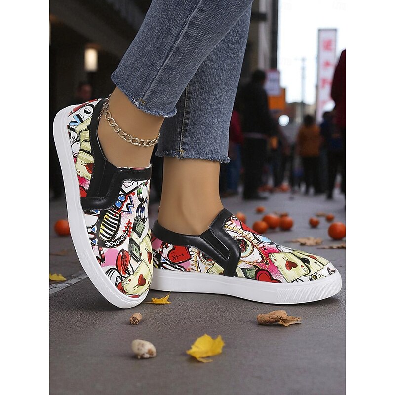 Women's Halloween Slip-On Sneakers - Colorful Graffiti Playing Card Print Canvas Skate Shoes for Casual Fall Outfits & Spooky Street Style3