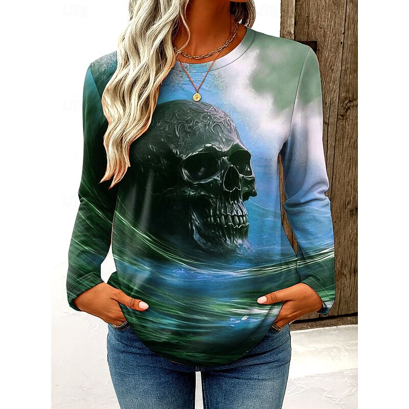Halloween Women's T Shirt Skulls Graphic Vintage Fashion Stylish Long Sleeve Crew Neck Regular Tops Daily Weekend Print Blue Purple Green Gray Spring Fall Winter3