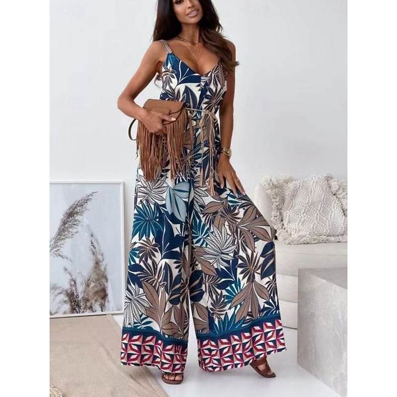 Women's Normal Jumpsuit Active Graphic Sleeveless Wide Leg V Neck High Waist Vacation Daily Regular Fit Navy Blue Blue Apricot Summer2