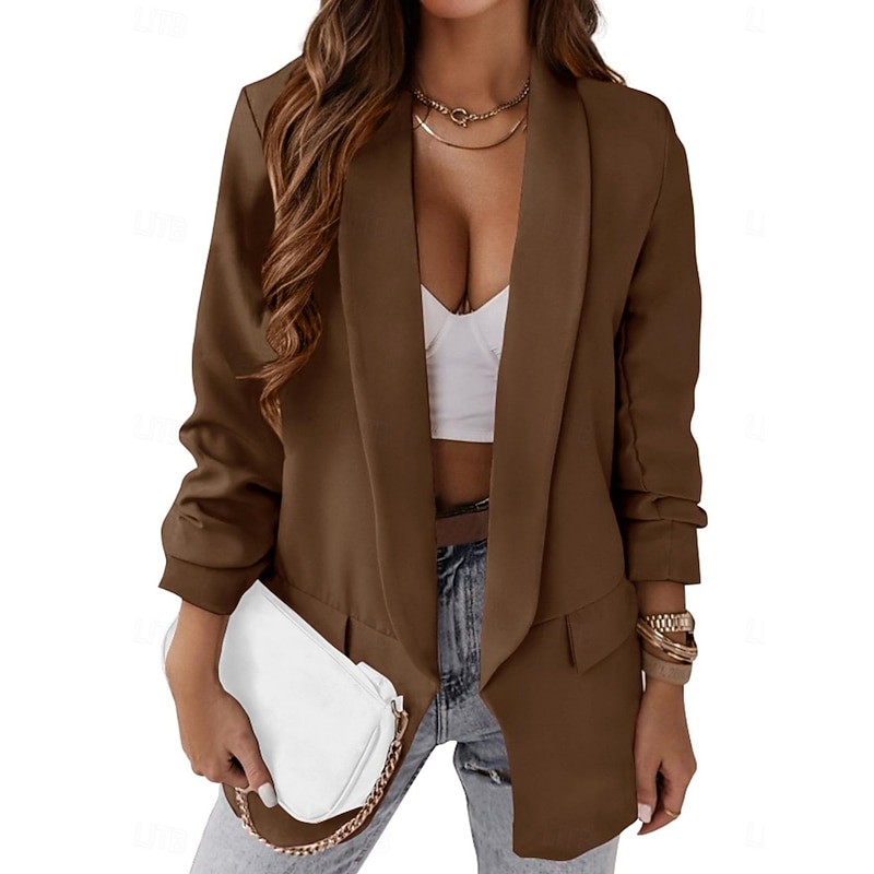 Women's Blazer Comfortable Breathable Pocket Casual Plain Office Street Casual Daily Wear Open Front Regular Turndown Regular Fit Long Sleeve Outerwear Pink Fuchsia Khaki Spring Fall3