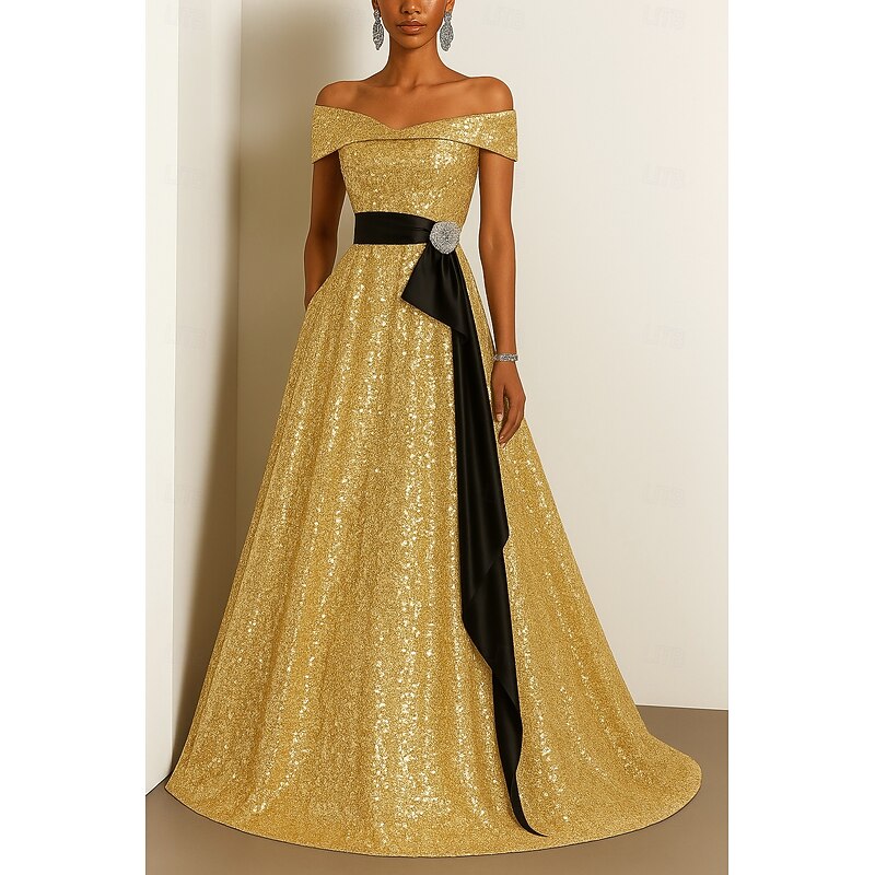 Black Red Green A-Line Evening Gown Elegant Dress Formal Wedding Floor Length Short Sleeve Off Shoulder Sequined with Glitter Pleats 20253