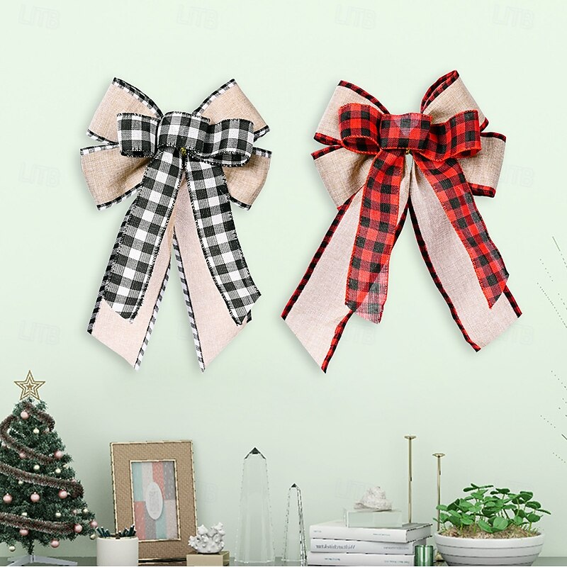 2 Pack Christmas Plaid Ribbon Bows, Decorative Xmas Tree Topper Bows with Check Edge for Holiday Party and Home Decoration