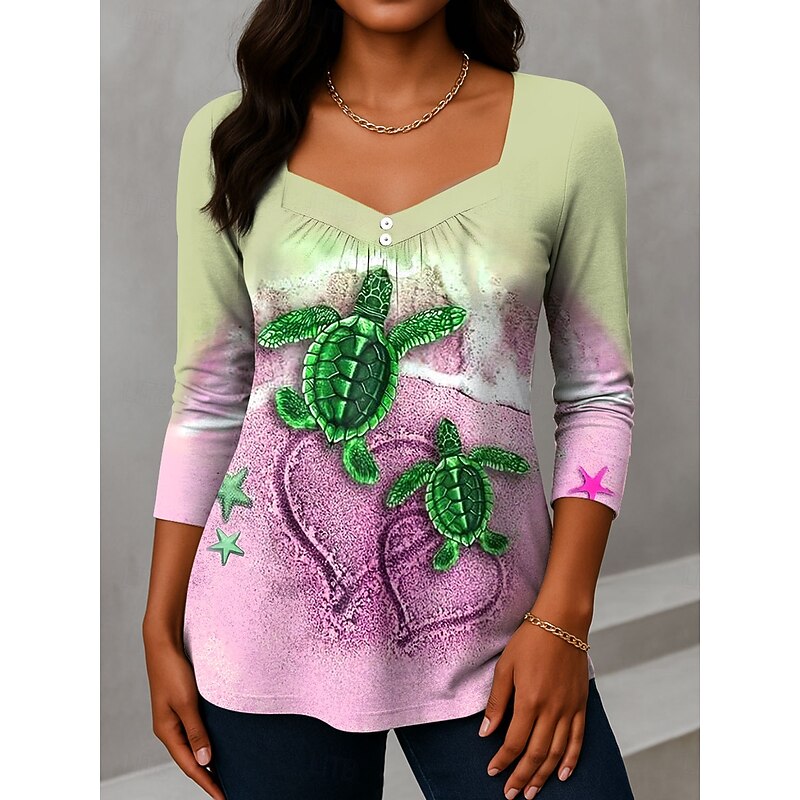 Women's T shirt Long Sleeve Graphic Sea Turtle Vintage Fashion Stylish Long Sleeve Asymmetric Neck Regular Tops Daily Weekend Vacation Wear Buttons Print Yellow Blue Purple Green  Spring Prefall3