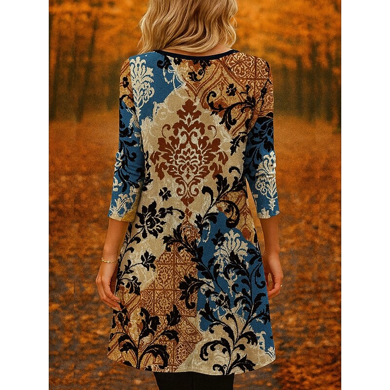 Women's Midi Dress Sheath Dress T Shirt Dress Tee Dress A Line Dress Athletic Dress Vacation Casual Boho Daily Regular Fit Floral Graphic Geometric Long Sleeve Crew Neck Light Brown Light Grey Summer2