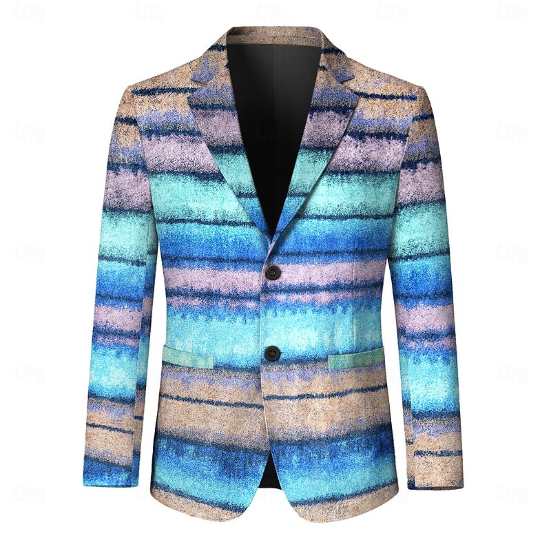 Men's Blazer Jacket Casual Stylish Retro All Seasons 100% Polyester Weaving Striped 3D Print Color Block Comfortable Single Breasted Blazer Light Purple Brown Green3
