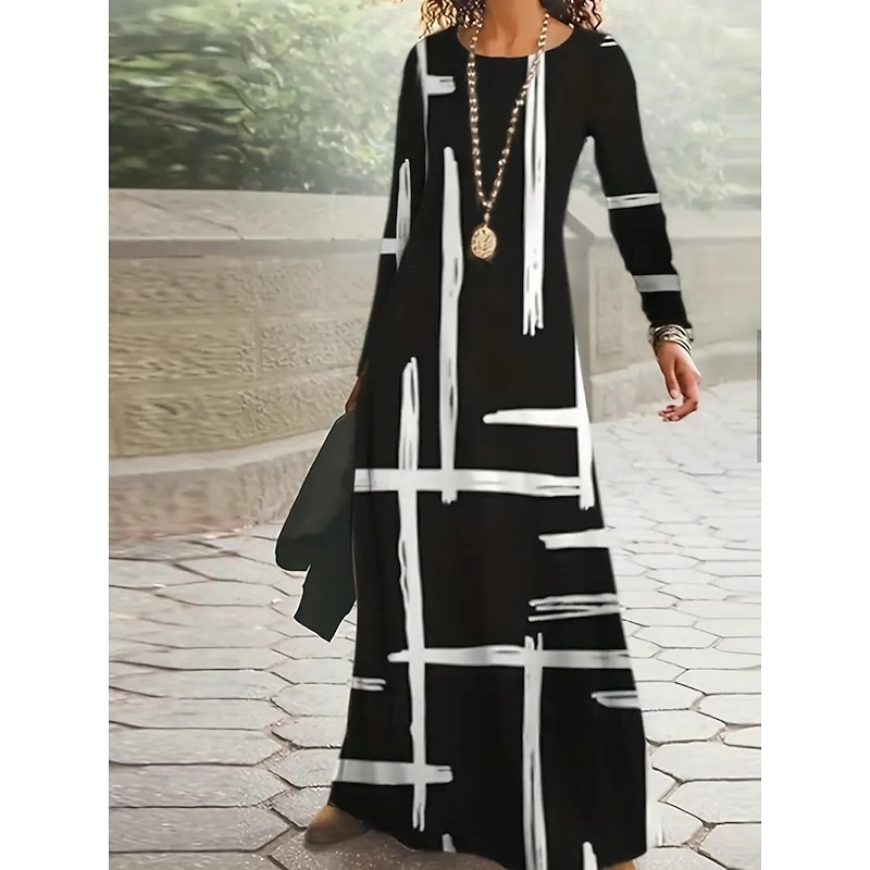 Women's Maxi Dress Shift Dress A Line Dress Casual Boho Daily Date Going out Regular Fit Graphic Geometric Tie Dye Long Sleeve Crew Neck Black Spring Fall Winter Autumn