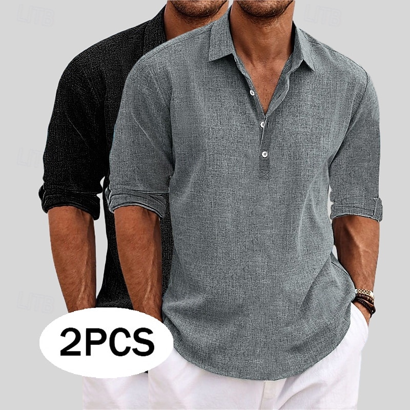 Men's Shirt Linen Shirt Summer Shirt Beach Wear Plain Vacation Casual Khaki+Black Blue+Khaki Gray+Khaki White+Black Long Sleeve Lapel Summer Spring Clothing Apparel