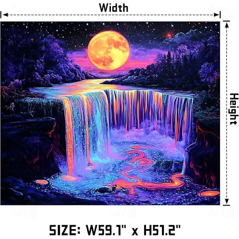 Full Moon Waterfall Blacklight Tapestry – Psychedelic Glow in the Dark Wall Hanging for Bedroom or Dorm Decor4