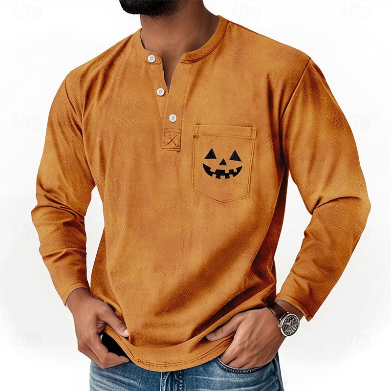 Men's Halloween Pumpkin Smile Henley Shirt T shirt Tee Long Sleeve Retro Vintage Casual Casual Spring Fall Blue Green Purple Orange Henley Henley T-Shirt