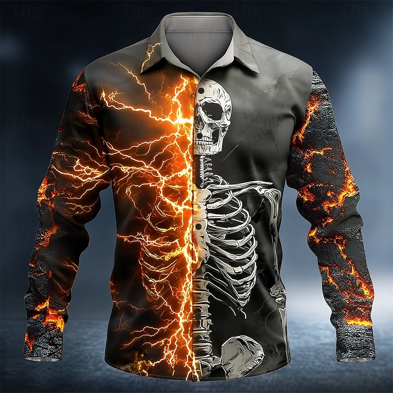 Halloween Men's Skull Lightning Skeleton Shirt Button Up Shirt Long Sleeve Dark Punk Gothic Style Outdoor Holiday Summer Spring Turndown 3D Print Collared Shirts Dark Gray