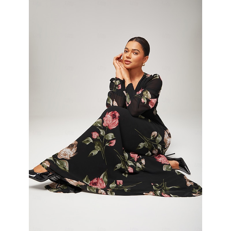 Women's Chiffon Dress A Line Dress Hem Maxi Long Dress Maxi Dress Black Long Sleeve Floral flowers and plants Plants Pattern Ruched Print Summer Spring Spring and Summer V Neck Elegant A Line beach4