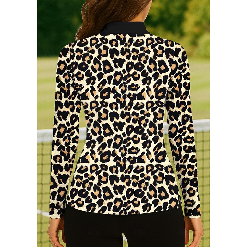 Women's Leopard Tops Golf Polo Shirt Tennis Shirt Tennis Tee Long Sleeve Print Quarter Zip Pullover UV Protection Elastic Breathable Tennis Golf Pickleball Stand Collar Zip Collar Jacket Shirt Black2
