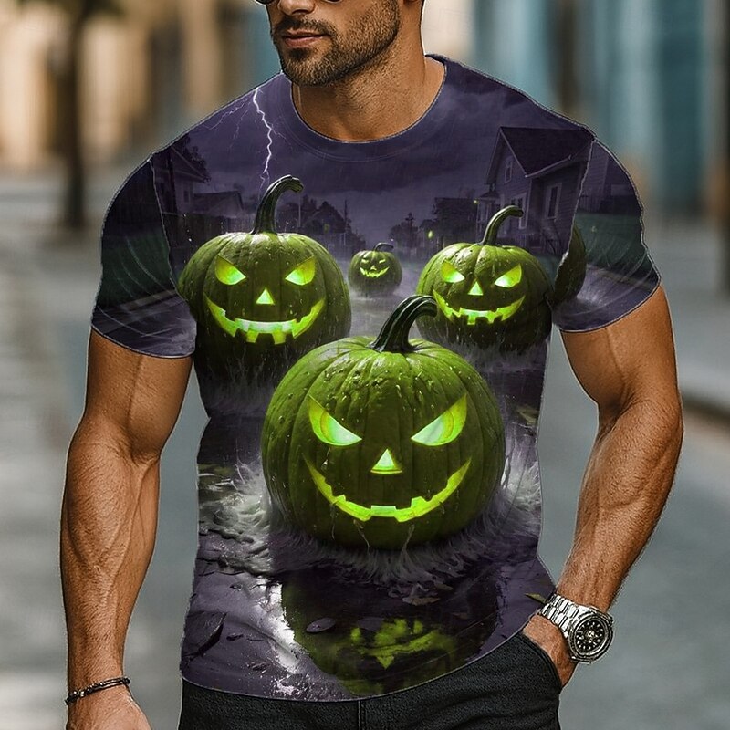Halloween Men's Optical Illusion Pumpkin 3D T Shirt Short Sleeve T shirt 3D Print Crew Neck Shirt Exaggerated Designer Horror Party Street Holiday Red Orange Green Summer Spring All Seasons Clothing2