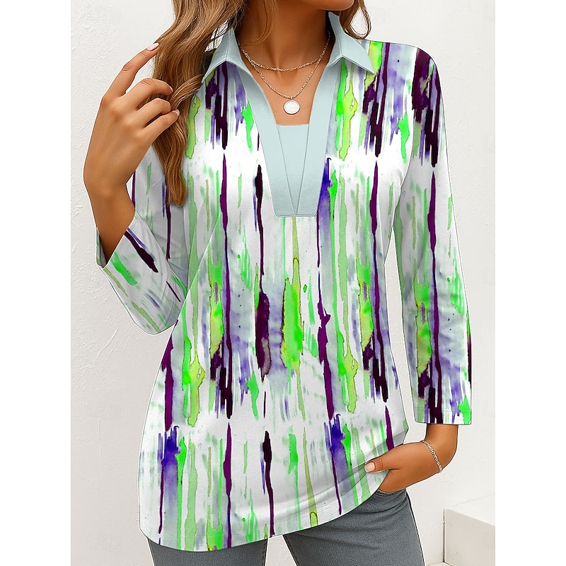 Women's T Shirt Graphic Geometric Abstract Vintage Stylish Modern Long Sleeve V Neck Shirt Collar Regular Tops Daily Weekend Formal Wear Print Purple Orange Green Summer Spring Fall Winter3