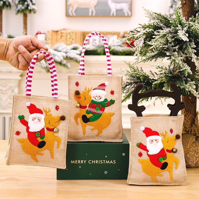 4pcs Christmas Gift Tote Bags, Striped and Cartoon Design, Kids Candy Bags, Holiday Party Favor Bags, Small Gift Apple Bags4