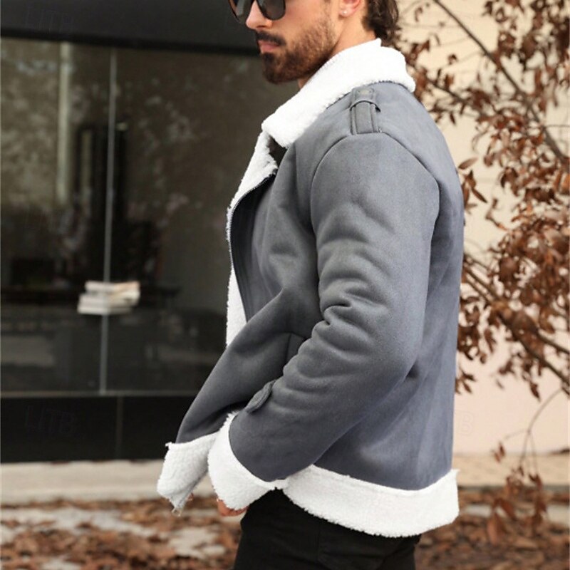 Men's Winter Jacket Fleece Jacket Sherpa Jacket Vacation Daily Windproof Warm Pocket Fall Winter Plain Fashion Classic Lapel Regular Faux Leather Gray Jacket4