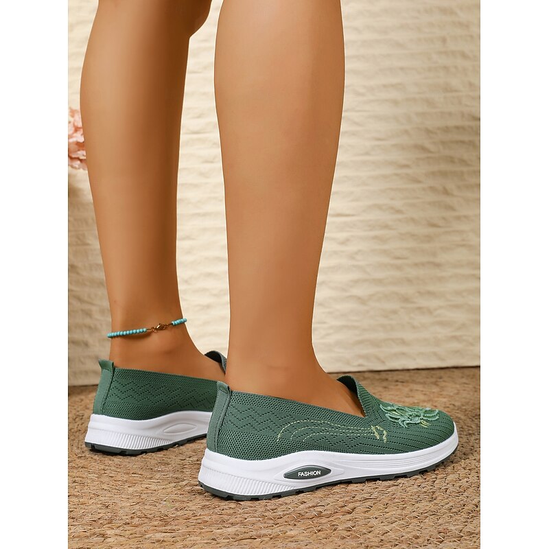 Women's Green Embroidered Slip-On Walking Shoes – Breathable Knit Casual Sneakers with Arch Support for Travel, Work & Daily Wear4