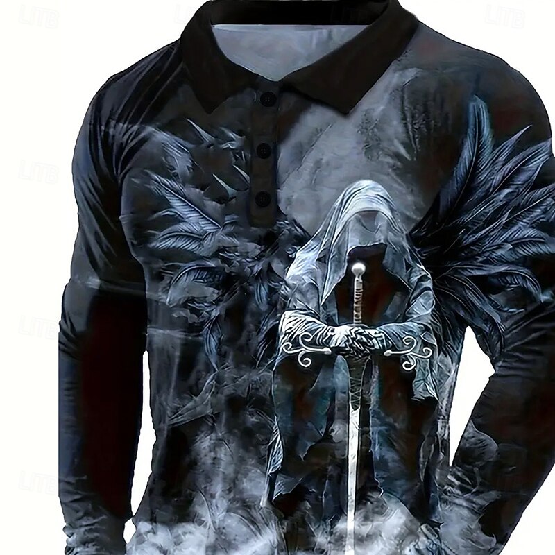 Men's Human Polo Long Sleeve Polo Shirts Lapel Vintage Casual Street Athleisure Daily Wear 3D Print Buttons Spring Fall Winter Black2