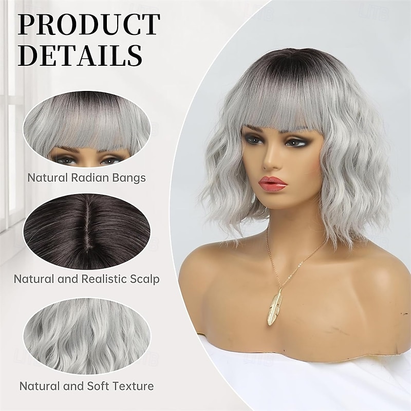 Short Silver Wigs for Women Ombre Grey Wavy Bob Wig with Bangs Medium Length Synthetic Hair Water Wave Dark Roots Wig Gray Colorful Wigs3
