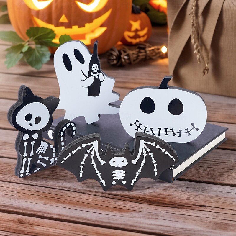 4PCS Halloween Party EVA Foam Decorations – Black & White Pumpkin, Black Cat, Ghost, and Bat Festive Tabletop Ornaments, Day of the Dead Window Display Props