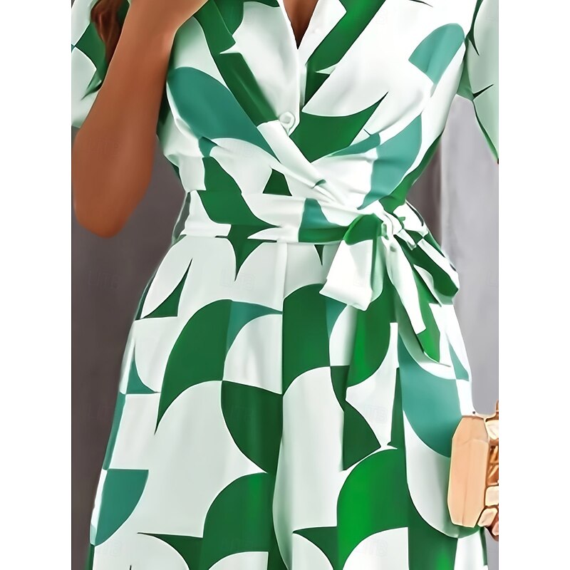 Women's Normal Jumpsuit Active Geometric Short Sleeve Wide Leg V Neck Lace up High Waist Vacation Daily Regular Fit Orange Green Summer4