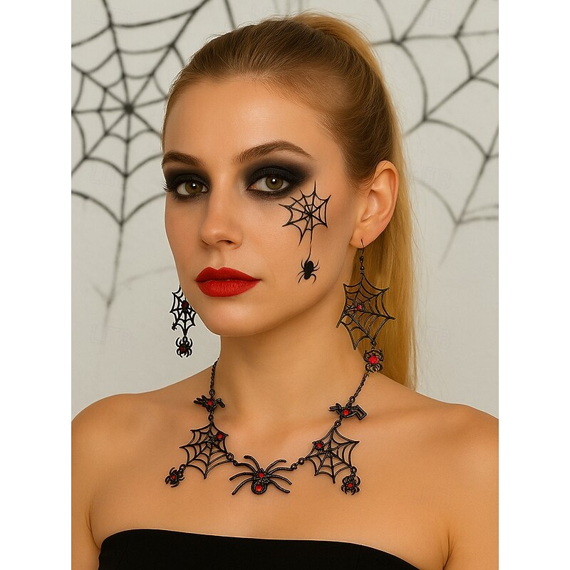 Women's Halloween Gothic Spider Web Necklace and Earrings Set, Black Red Crystal Insect Jewelry for Costume Parties and Cosplay3
