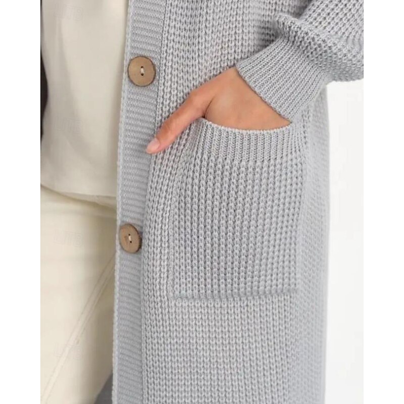 Women's Cardigan Casual Solid Color Ribbed V Neck Buttons Knitted Long Sleeve Long Tops Knit Daily Holiday Going out Black White Fall3