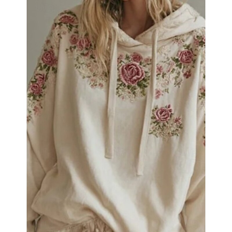 Women's 3D Print Vintage Boho Hoodie Patchwork Hoodie Sweatshirt Floral Pullover Sweatshirt Oversized Long Sleeve Casual Warm Active Hooded Street Dailywear Patchwork Beige Spring Fall Winter2