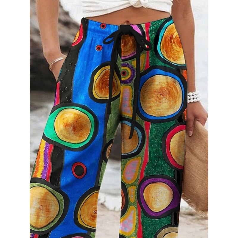 Women's Wide Leg Pants Trousers Vacation Casual Long High Waist Geometic Elastic Waist Printing High Cut Breathability Soft Micro-elastic Vacation Street Daily Wear Blue Spring Fall Regular Fit3