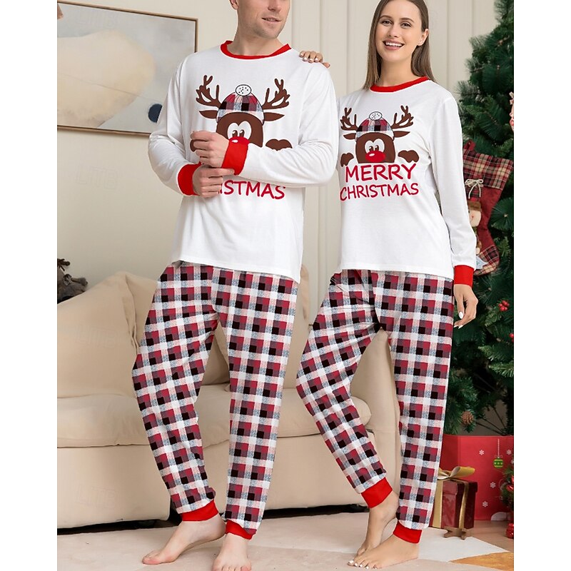 Family Pajamas Plaid Christmas Pattern Home Print White Long Sleeve Active Matching Outfits3
