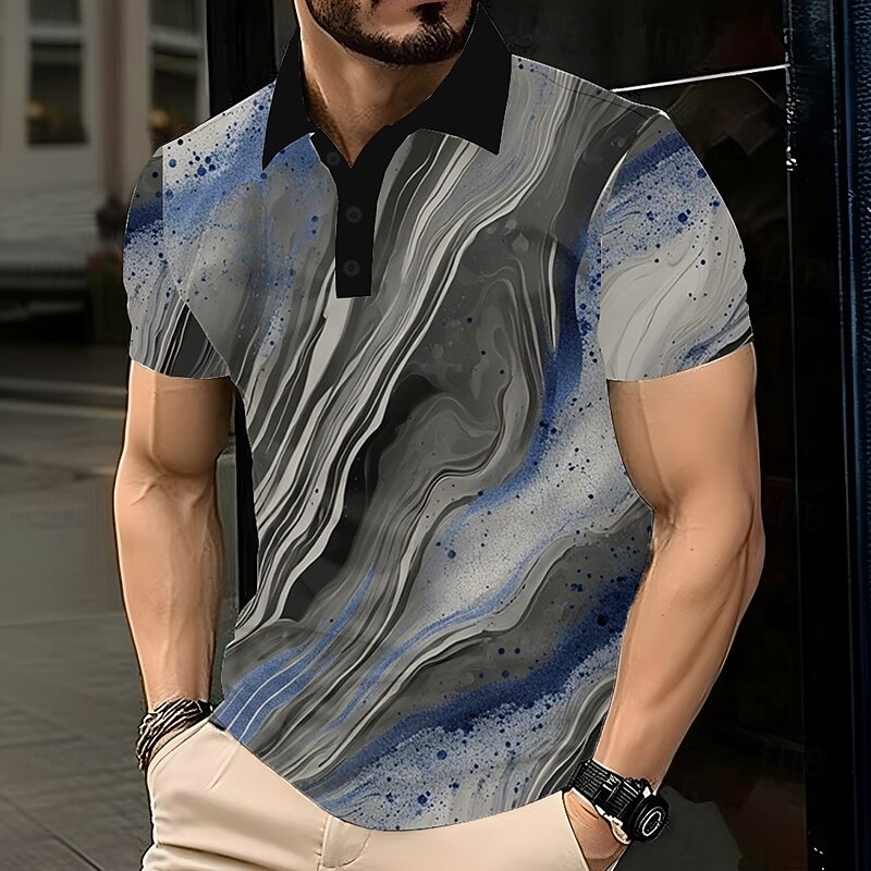 Men's Abstract Geometic Polo Short Sleeve Polo Shirts Lapel Casual Athleisure Daily Wear 3D Print Buttons Summer Lake blue Purple Dark Gray4