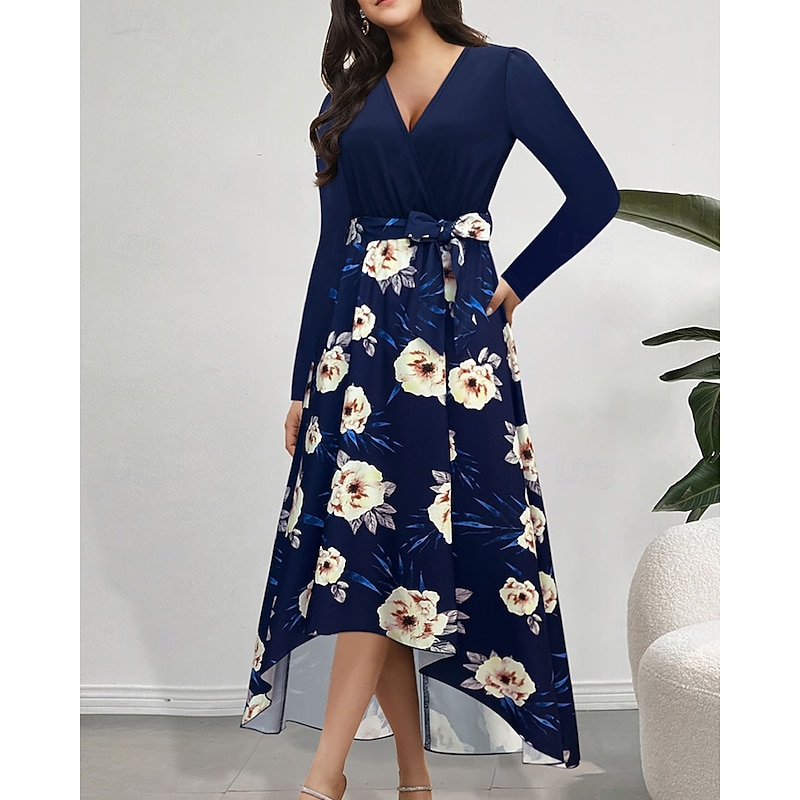 Women's Long Dress Maxi Dress Print Dress Fashion Outdoor Vacation Holiday Regular Fit Flower Long Sleeve V Neck Blue Fall2